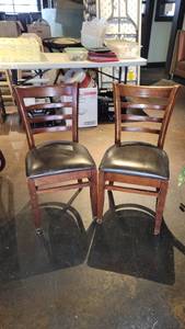 lot 30072 image: (2) Wooden Chairs W Dark Brown Vinyl Seats