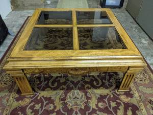 lot 466 image: Large 4 panel glass top wood coffee table 38 W x 17 H