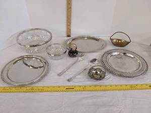 lot 471 image: (2) Crystal bowls wmetal rim, metal plates, metal baskets & more