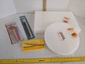 lot 490 image: Crafting items paint brushes, small paper cutter & Styrofoam shapes