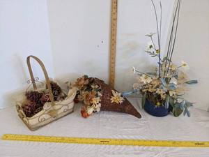 lot 492 image: Metal basket wpine cones, wicker basket wfaux flower & faux flower wplanter