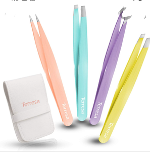 lot 3630 image: Precision Tweezers for Eyebrows, Terresa 4 Pack Eyebrow Tweezer Set for Ingrown Hair Removal, Professional Brow Tweezers for Women & Girls, Daily Beauty Hair Plucking Tool with Carry Case