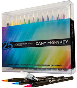 lot 3633 image: Watercolor Brush Pens �� Set of 25 Water Color Brush Tip Markers for Kids & Adult Coloring Books, Painting, Drawing, Art, Calligraphy, Lettering, Journaling. Bonus Coloring Book & Water Blending Pen