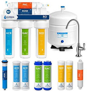 lot 4632 image: Express Water RO5DX Reverse Osmosis Filtration NSF Certified 5 Stage RO System with Faucet and Tank �� Under Sink Water Plus 4 Filters �� 50 GPD, 14 x 15 x 5, White
