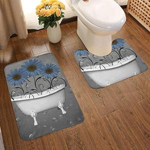 lot 4637 image: Blue Gray Bathroom Sunflower Bathroom Rug Mat Bath Rug Set Washable Soft Bath Mat, Contour Mat