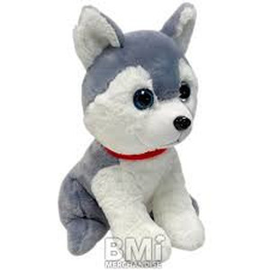 lot 4718 image: Bmi Plush 10 In. Husky Dog, Gray & White, Red Collar, Large Blue Eyes