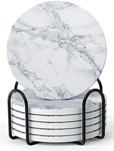 lot 6664 image: LIFVER Coasters for Drinks, White Marble-Style Absorbent Coasters with Holder, Housewarming Gifts for Home Decor, Suitable for Kinds of Cups, 4.2 Inches, Set of 6
