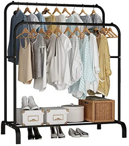 lot 6681 image: UDEAR Garment Rack Freestanding Hanger Double Rods Multi-functional Bedroom Clothing Rack, Black