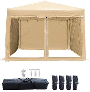 lot 6682 image: LAZZO 10x10ft Pop up Canopy Tent, Portable Commercial Outdoor Canopy Shelter with Carry Bag, 4 Removable Sidewall Contain Mesh Wall, 4 Weight Bags Without Sand, 8Stakes&4Ropes, Beige