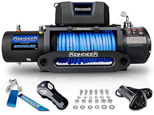 lot 6689 image: REINDEER New 12V Winch 9500 lb Load Capacity Electric Winch Synthetic Rope with Hawse Fairlead Waterproof IP67 with Wireless Remotes