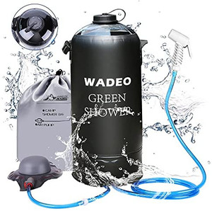 lot 6690 image: WADEO Upgrade Camping Shower, 12L 3 Gallons Portable Pressure Camping Shower Bag with Upgraded Screw Lid, Pressure Foot Pump and Shower Nozzle for Beach Camping Swim Travel Hiking Trip