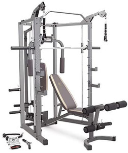 lot 6692 image: Marcy Smith Cage Machine with Workout Bench and Weight Bar Home Gym Equipment SM-4008