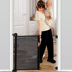 lot 6696 image: Cosagon Retractable Baby Gate,Extra Wide Safety Gate,35Tall,Extends to 71Wide,Mesh Pet Dog Gate for Stairs,Doorways,Hallways,IndoorOutdoor (Black)