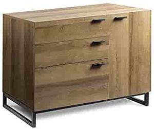 lot 6701 image: WLIVE 3 Drawer Dresser, Wide Chest of Drawers with 1 Side Door, Wood Storage Cabinet with Sturdy Metal Frame for Bedroom & Living Room, Gray Oak