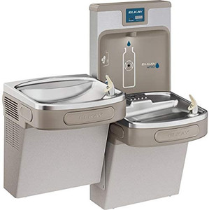 lot 6707 image: Elkay LZSTL8WSLP Enhanced ezH2O Bottle Filling Station, & Versatile Bi-Level ADA Cooler, Filtered Refrigerated, 39.50 x 19.00 x 36.75 inches, Light Gray, Bottom Only, Retails for $1529