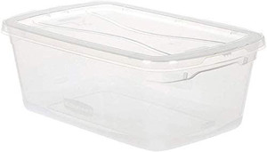 lot 6708 image: Rubbermaid Cleverstore Clear 6 Quart, Stackable Plastic Containers with Durable Snapping Lids, Visible Organization, Great for Holiday Decorations and Christmas Storage, 12-Pack