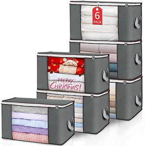 lot 7298 image: Large Storage Bags, 6 Pack Clothes Storage Bins Foldable Closet Organizers Storage Containers with Durable Handles Thick Fabric for Blanket Comforter Clothing Bedding 90L (Gray)