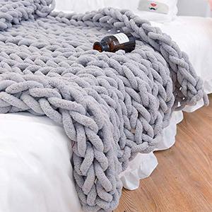 lot 7314 image: Zyhappk Soft Chunky Knit Blanket Chenille Handwoven Throw Cozy Warm Blanket for Bed Sofa Chair Office Boho Home Decor(Light Gray 50 x60)