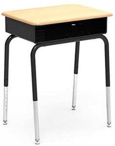 lot 7325 image: Virco Student Desk with Black Plastic Bookbox, Fusion Maple Hard Plastic Top, Black Upper Frame