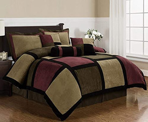 lot 7356 image: 7 Pieces Brown, Burgundy, and Black Micro Suede Patchwork Comforter Set King