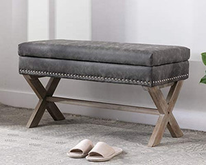 lot 7358 image: chairus PU Leather Upholstered Storage Entryway Bench, 36 inch Bedroom Bench Seat with X-Shaped Wood Legs for Living Room, Foyer or Hallway - Gray