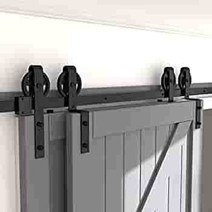 lot 7378 image: skysen 5FT Heavy Duty Sliding Barn Door Hardware Single Track Bypass Double Door Kit Black(Bypass Spoke Wheel-1)