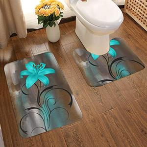 lot 7404 image: Lily Flower Bathroom Rug Mat Bath Rug Set Washable Soft Bath Mat, Contour Mat