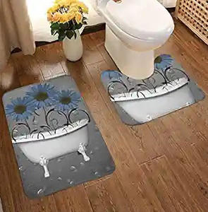 lot 7409 image: Blue Gray Bathroom Sunflower Bathroom Rug Mat Bath Rug Set Washable Soft Bath Mat, Contour Mat