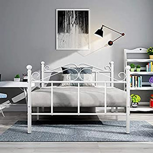 lot 7413 image: GreenForest Twin Bed Frame No Box Spring Needed, Easy Assembly Metal Platform Bed with Headboard and Footboard, White