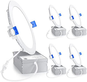 lot 7415 image: Ensenior 4 Pack 6 Inch Ultra-Thin LED Recessed Ceiling Light with Junction Box, 3500K Neutral White, 12W 110W Eqv, Dimmable Can-Killer Downlight, 1050LM High Brightness - ETL and Energy Star Certified