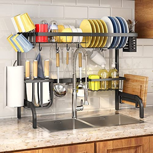 lot 7480 image: SAYZH Over Sink Dish Drying Rack, 2 Tier Adjustable Width (25.5 to 33.5 Inch) with Utensil Holder, Kitchen Drainer, Countertop Organizer, Black