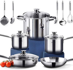 lot 7510 image: HOMI CHEF 14-Piece Nickel Free Stainless Steel Cookware Set - Nickel Free Stainless Steel Pots and Pans Set - Stainless Steel Non-Toxic Cookware Set - Stainless Steel Healthy Induction Cookware Sets