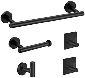 lot 9376 image: Tudoccy 5-Piece Matte Black SUS304 Round Stainless Steel Wall Mounted Bathroom Accessories Set, Includes 16 Inch Hand Towel Bar, Toilet Paper Holder, 3 Robe Towel Hooks, Bathroom Accessory Kit