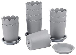 lot 9382 image: BangQiao 10-Pack Plastic Planter and Nursery Transplant Pots with Saucer, Gray 5 pots, 5 Lids