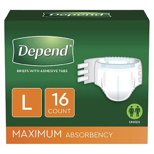 lot 9416 image: Depend Unisex Maximum Absorbency Adjustable Incontinence Briefs with Tabs, L, 16 Count