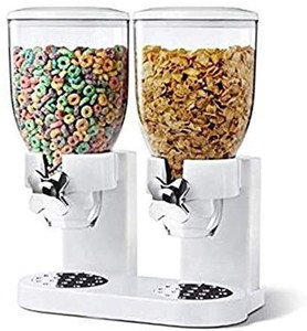 lot 9427 image: Double Cereal Dispenser Dry Food WhiteBlack Plastic Canister Fresh Easy Double Canister Fresh Air Tight (Color  White)