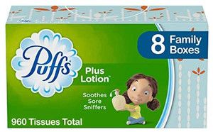 lot 9428 image: Puffs Plus Lotion Facial Tissues, 8 Family Boxes, 120 Tissues per Box (960 Tissues Total)