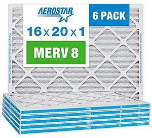 lot 9439 image: Aerostar 16x20x1 MERV 8 Pleated Air Filter, AC Furnace Air Filter, 6 Pack (Actual size 15 34x 19 34 x 34)