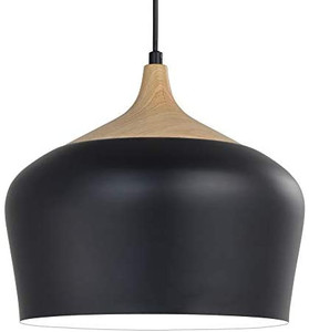 lot 9446 image: Karmiqi Modern Pendant Light with LED Bulb, Wood Pattern Metal Shade Ceiling Hanging Light Fixtures for Kitchen Island, Dining Room, Living Room, Guest Room(Black)