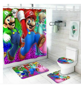 lot 8126 image: Super Mario 4PCS Bathroom Rugs Set Shower Curtain Non-Slip Toilet Lid Mat Cover may vary from stock photo