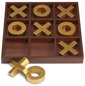 lot 8155 image: Refinery and Co. 10 Piece Premium Solid Wood Tic-Tac-Toe Board Game, Giant Gold 14� OutdoorIndoor Party Set Toy For Children Adults, Perfect For Backyard Entertainment, Classic Coffee Table Home D�c