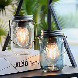lot 8171 image: Mason Jar Lights Hanging, Cordless Lanterns for Patio, Battery Operated Tabletop Lamp with LED Bulb, Outdoor Indoor Decor for Garden Camping Picnic Party Fireplace Hallway Stairs (2 Pack-with Timer