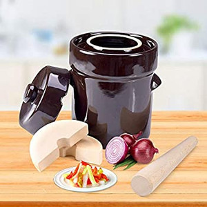 lot 8173 image: Fermentation Crock Jar 5 Liter  1.3 Gallon - Stoneware Pot for Fermenting, Pickling Kimchi, Pickles, Vegetables, Kombucha - Glazed Fermenter with Stone Weights, Lid & Pickle Tamper