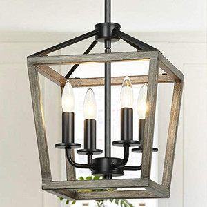 lot 8178 image: T&A 4-Light Rustic Chandelier,Farmhouse Chandelier Light Fixture Square Cage Chandelier with Oak Wood and Iron Finish for Entryway Dining Rooms Stairway Bedroom Living Room
