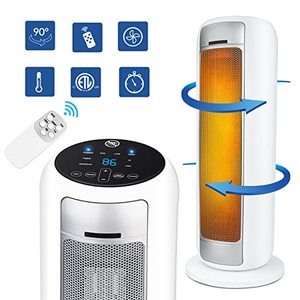 lot 5846 image: Space Heater with Thermostat, Primevolve 1500W Ceramic Electric Heater with Remote and LED Display, 3 Modes 9H Timer Oscillation Overheating Tip-Over Protection for Home Office Large Room