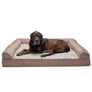 lot 5856 image: Furhaven Memory Pet Bed for Dogs and Cats - Sofa-Style Faux Fur and Durable Performance Linen Couch Dog Bed with Removable Washable Cover, Woodsmoke, Jumbo Plus (XX-Large)
