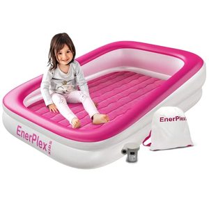 lot 5863 image: EnerPlex Kids Inflatable Travel Bed with High Speed Pump, Portable Air Mattress for Kids on The Go, Blow up Toddler Travel Bed with Sides �� Built-in Safety Bumper - Pink