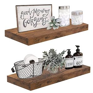 lot 5866 image: QEEIG Farmhouse Floating Shelves for Wall 24 inches Long Bedroom Shelf Set of 2 Bathroom Kitchen Living Room Mounted Shelving Shelfs 23.6 L x 9.3 D, Rustic Brown (008-60BN)