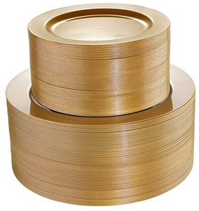 lot 7390 image: I00000 102 Pieces Solid Gold Disposable Plates, Gold Plastic Plates, Premium Plastic Party Plates Includes 51 Dinner Plates 10.25 Inch and 51 SaladDessert Plates 7.5 Inch for Christmas