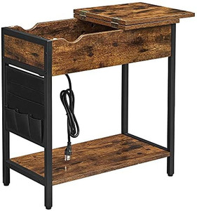 lot 8405 image: VASAGLE End Table with USB Ports & Power Outlets, Flip Top Side Table with Charging Station, Nightstand with Storage Shelf and Fabric Bag, for Living Room, Bedroom, Rustic Brown and Black ULET310B01V1